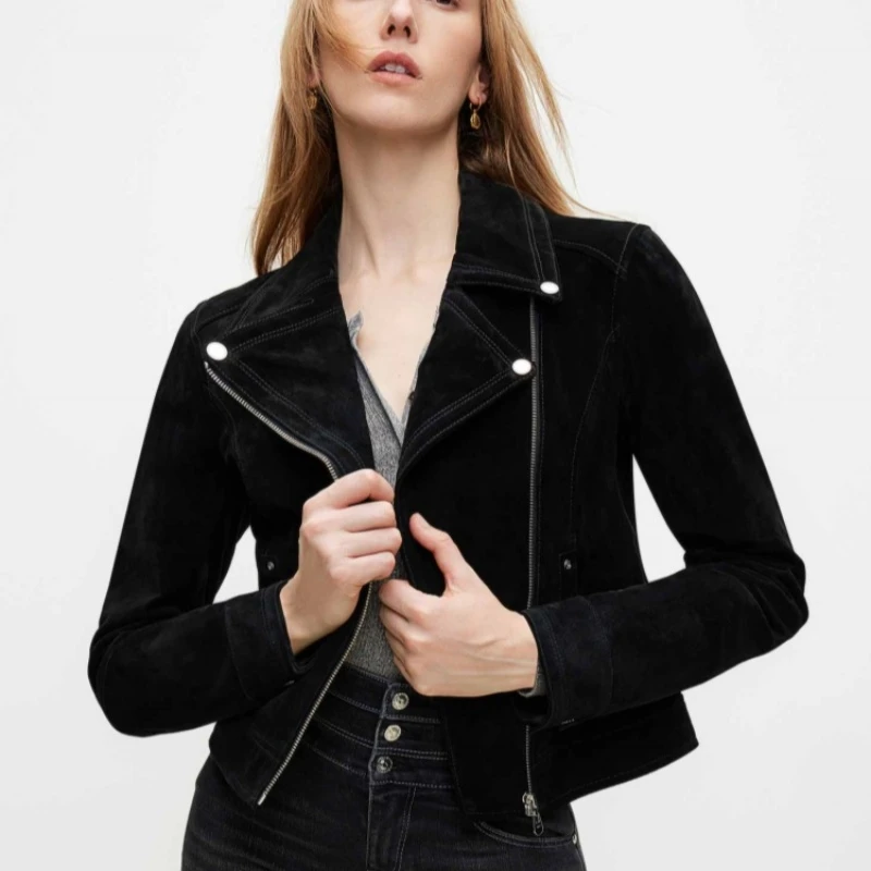 MZ 2025欧洲站春秋时髦机车风修身翻领正肩短款黑色皮衣女