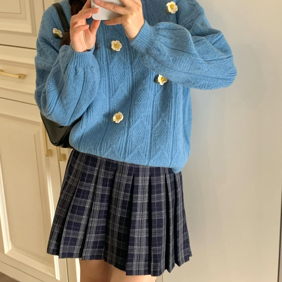 心蓝家 花朵毛衣女外穿韩版慵懒风2025新款秋冬季复古日系小个子