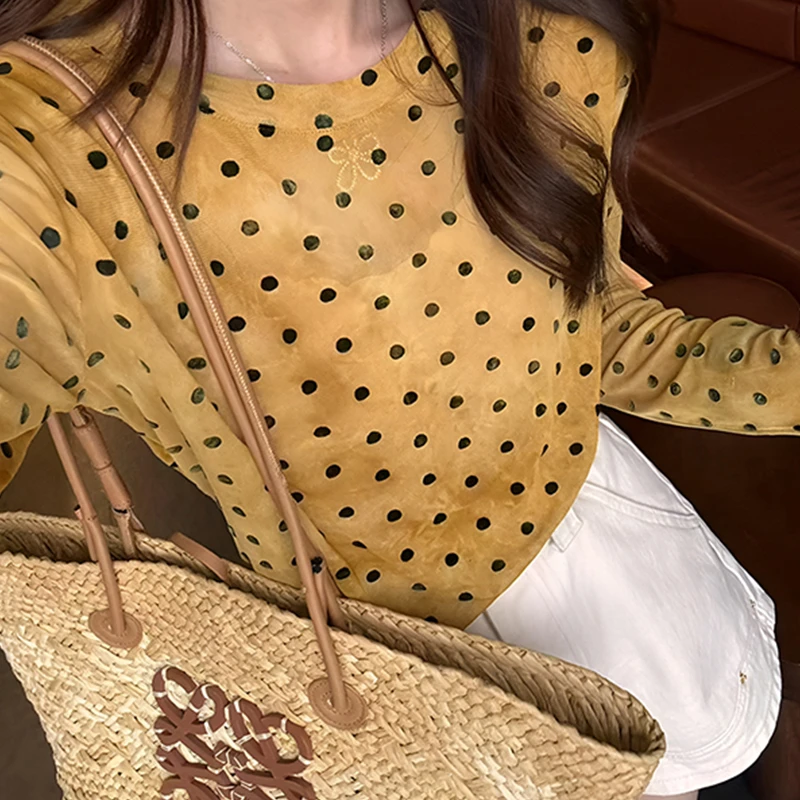 复古黄色波点圆领网纱长袖t恤女2025新款夏季宽松小个子防晒上衣