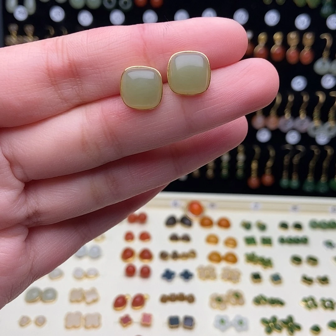 和田玉银S925镀金镶嵌耳饰