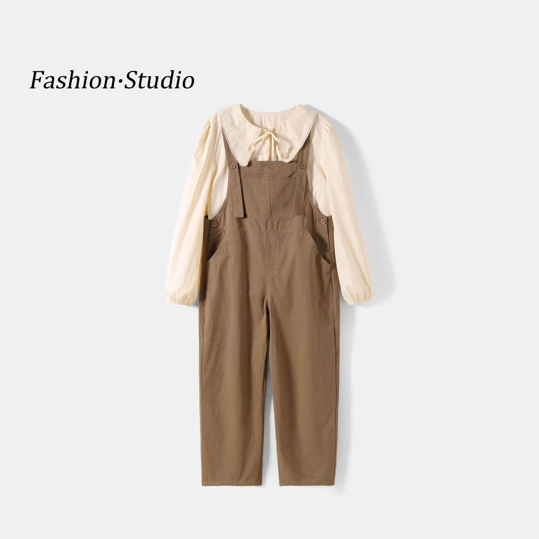 女童2025春季新款洋气韩版时尚百搭连体复古休闲背带套装TZ0002
