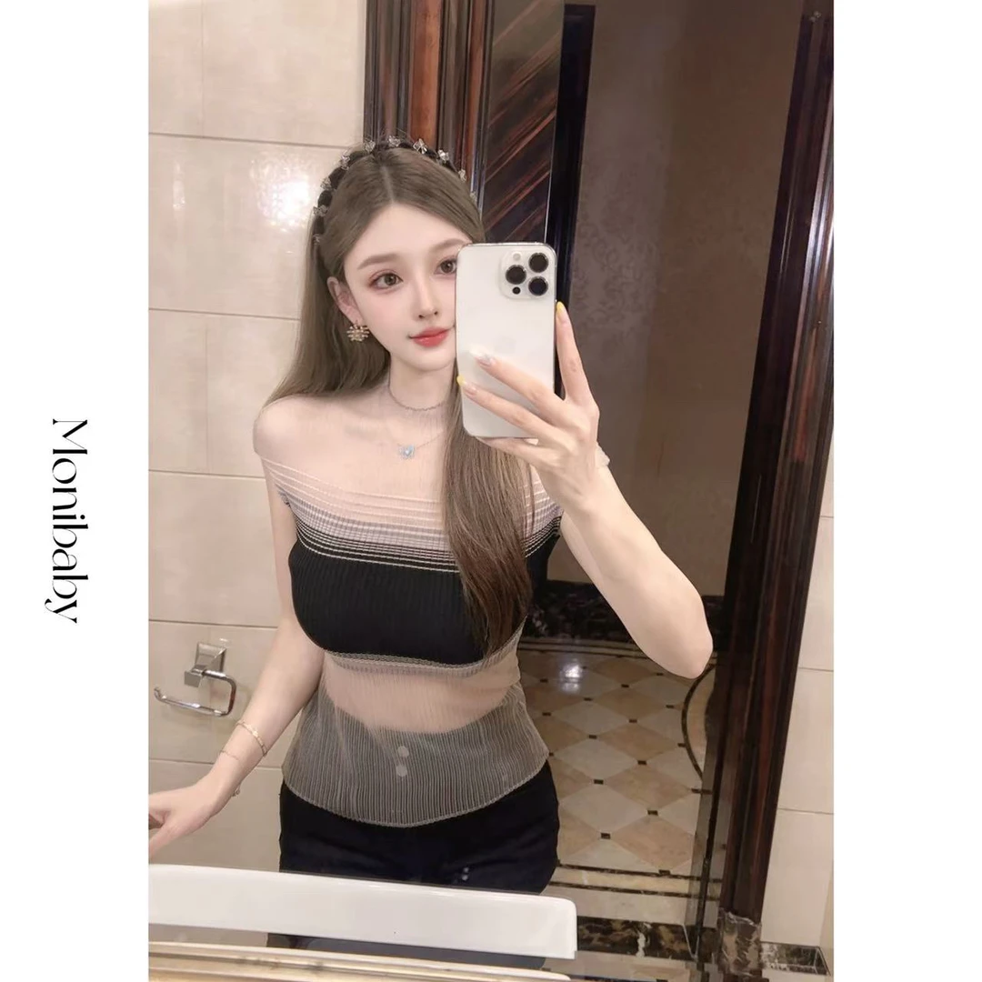 Moni【撩人心】气质名媛透视网纱高弹力撞色渐变针织上衣