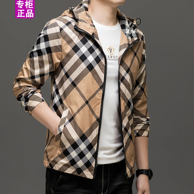 欧洲站奢侈大牌印花薄款春季夹克男士短款连帽百搭格子休闲外套男