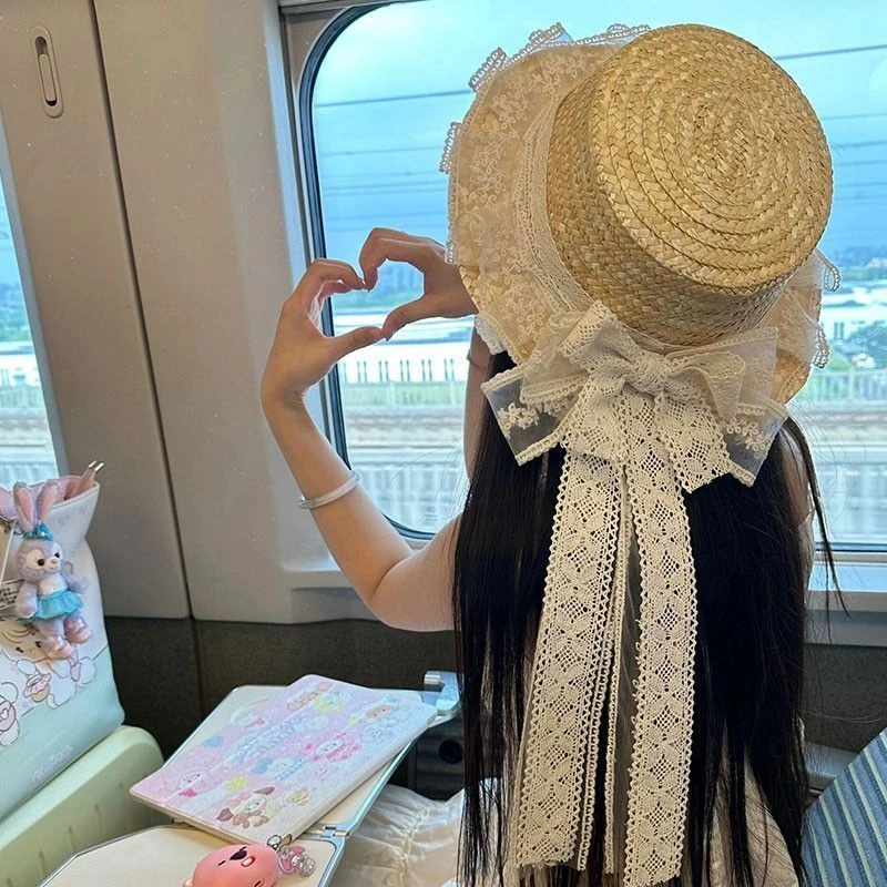 【汐汐专属】软妹草帽手工日系doll感蕾丝蝴蝶结飘带草编帽子