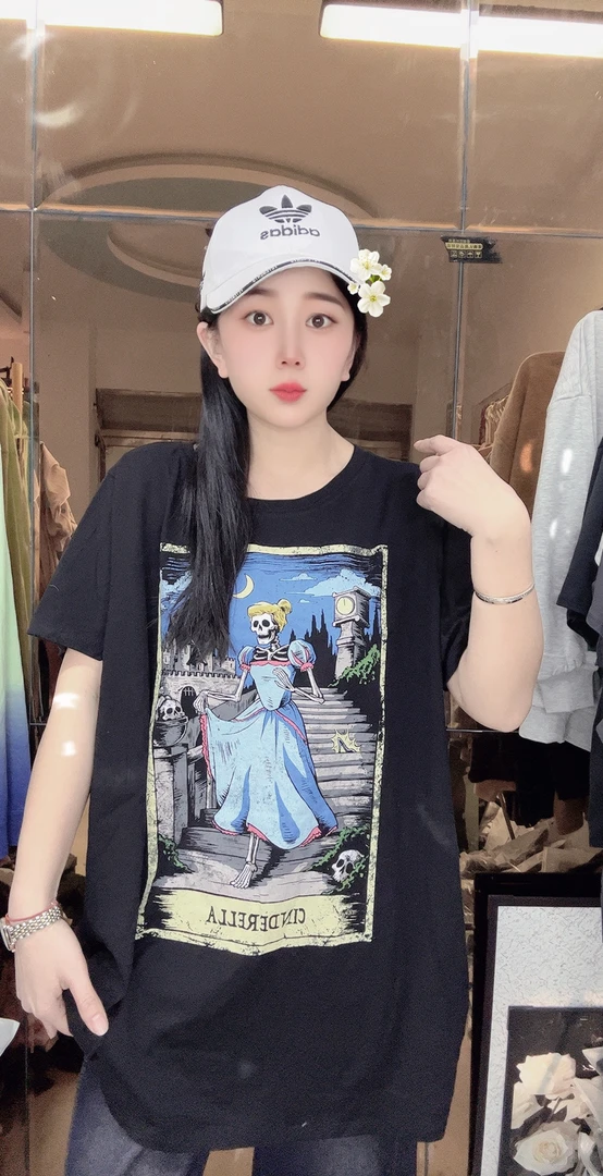 外贸纯棉T恤大码黑色骷髅公主