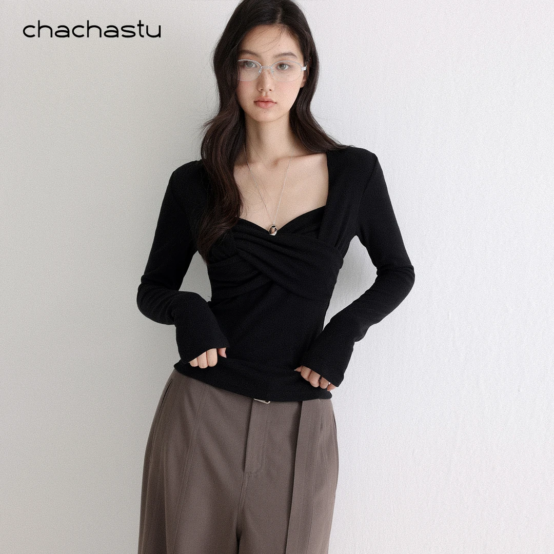 CHACHASTU【深秋】黑天鹅复古交叉领设计高弹力遮肉围裹上衣ZRS1868