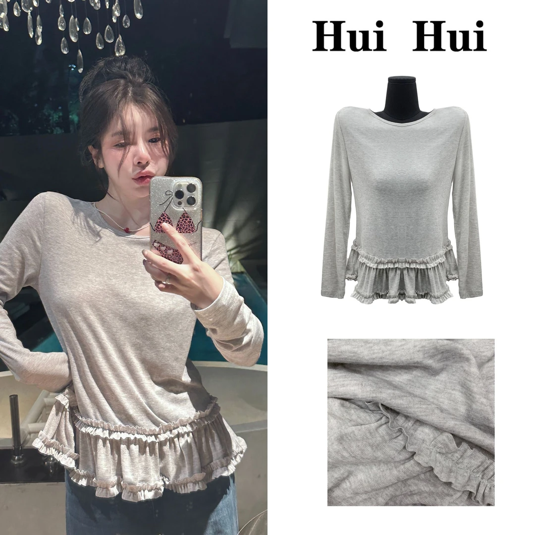 【HuiHui】韩国东大门新款圆领纯色花边荷叶边长袖修身T恤（A1739)