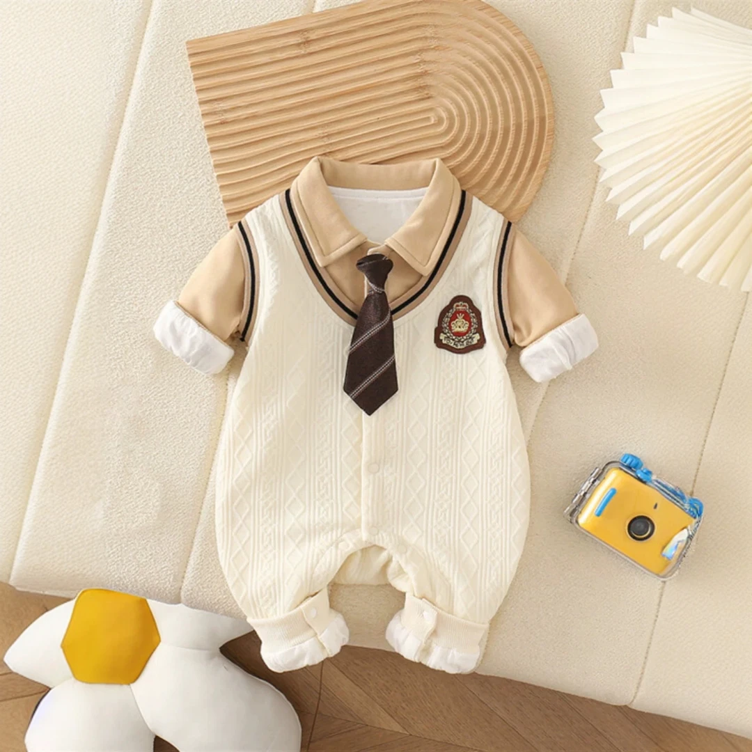 婴儿衣服秋装新生儿男宝宝秋季领带连体衣婴幼儿春秋绅士哈衣爬服