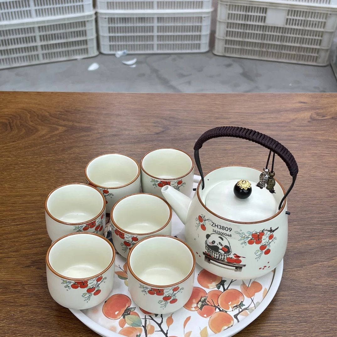 ZH3809汝窑熊猫吃柿子提梁壶一壶六杯一个盘套装茶具
