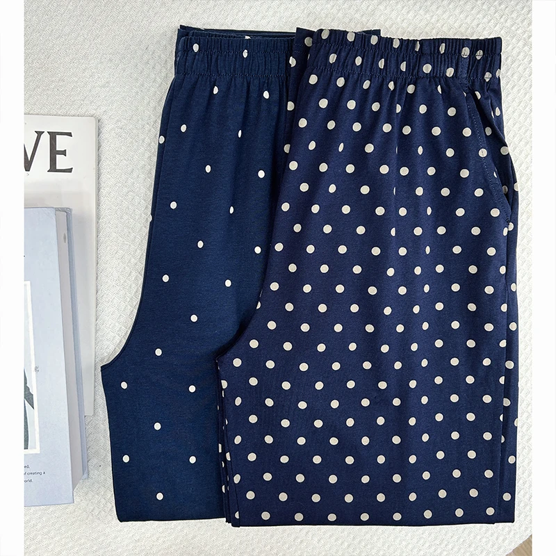 【蓝波点】弹力莱卡棉大码女士家居裤复古港风可外穿休闲睡裤