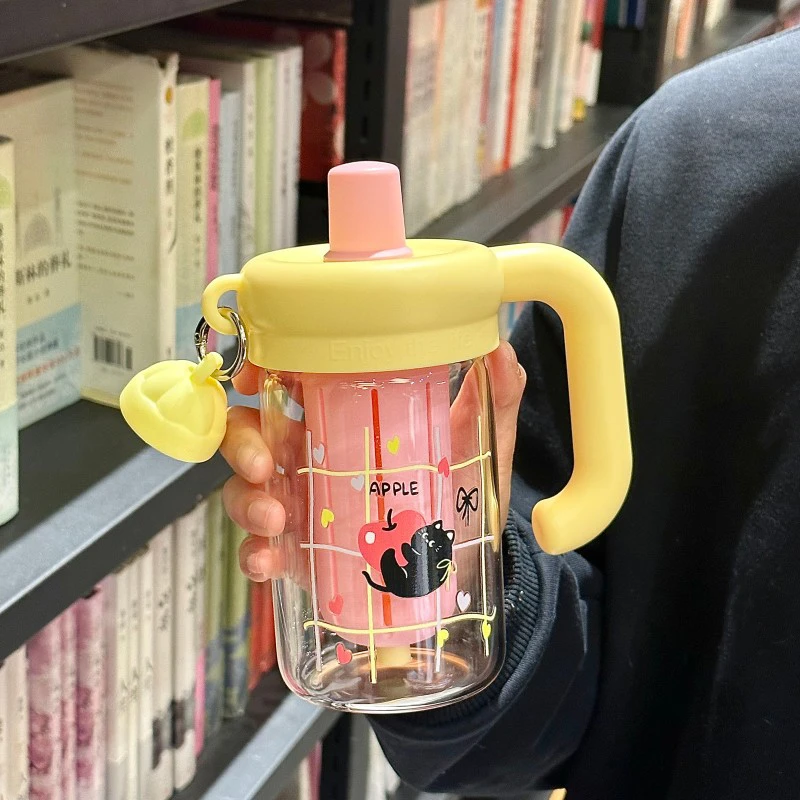 INS风玻璃杯便携吸管水壶可爱大容量创意学生喝水杯防摔简约家用