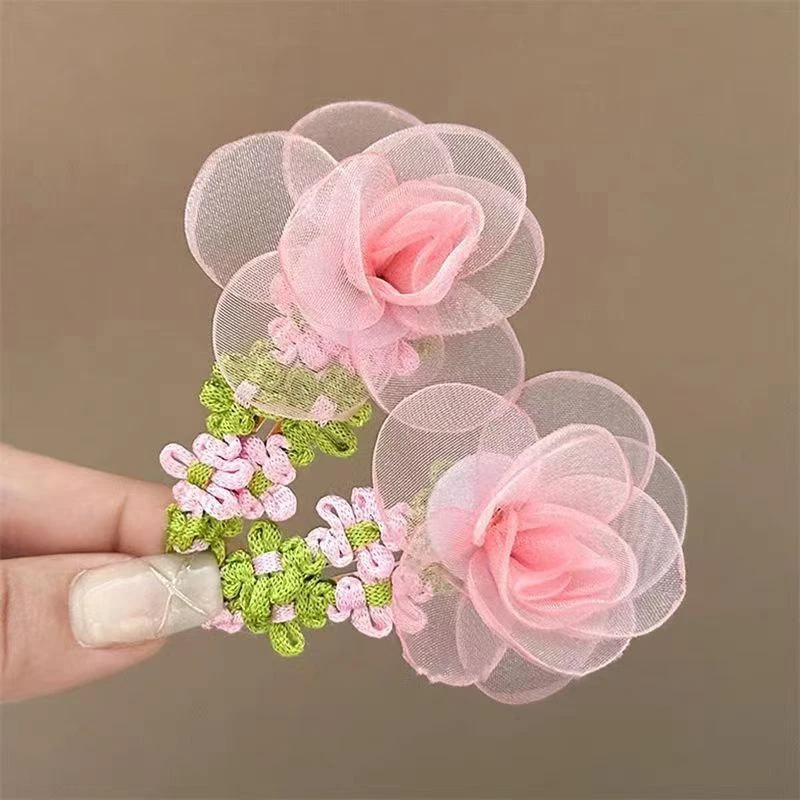 超仙网纱花朵发夹甜美粉色头花田园风氛围感刘海夹少女心侧边BB夹