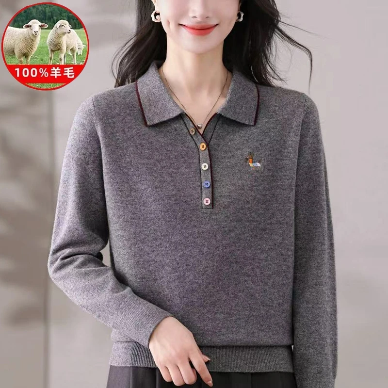 秋冬中年女装宽松高档100%绵羊毛时尚中年妈妈针织翻领纯羊毛女装