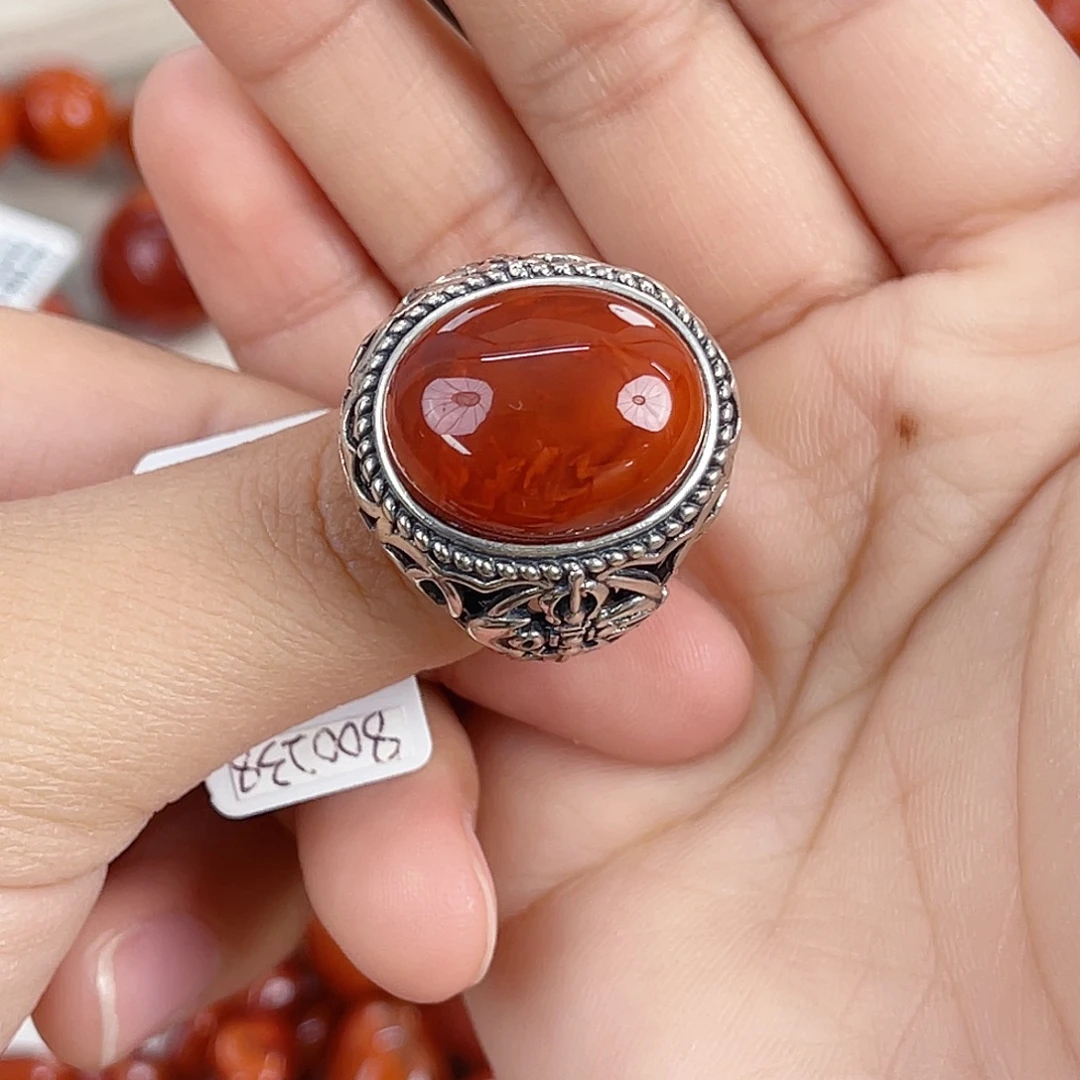 南红玛瑙银S925镶嵌瓦西牛血红火焰戒指