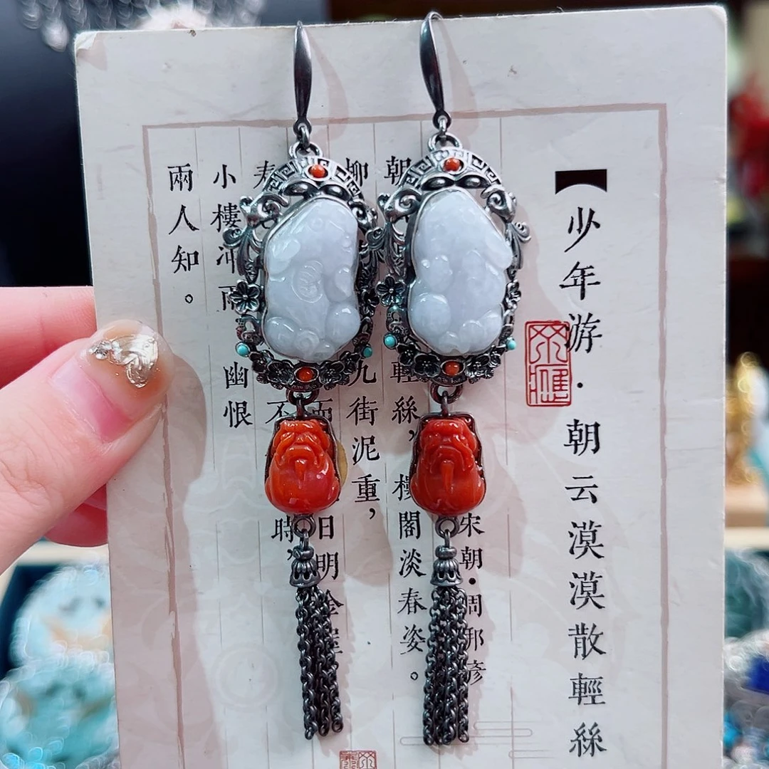 翡翠银S925镶嵌挂件耳环