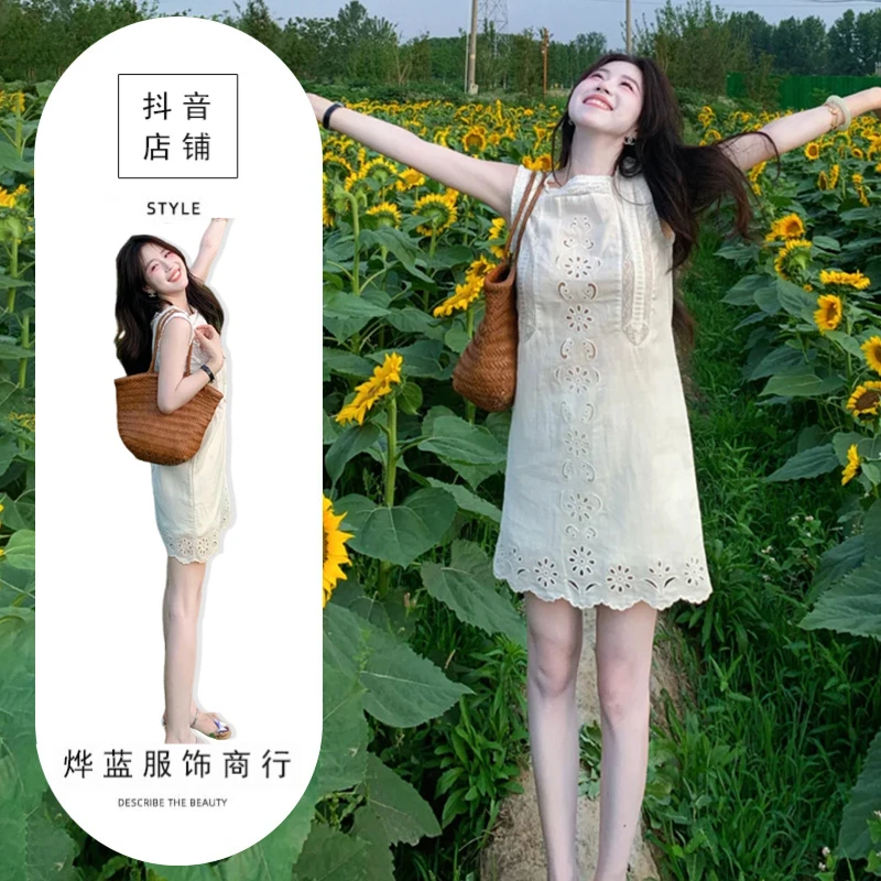 度假风刺绣茶歇法式连衣裙女2025夏季新款气质显瘦白色无袖背