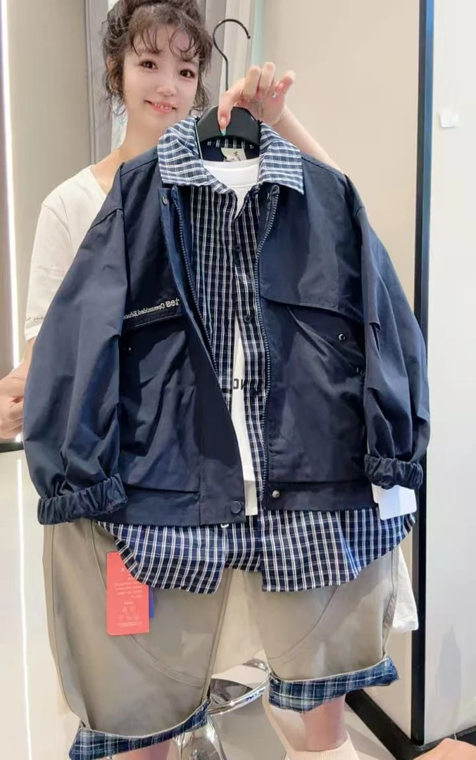 儿童拼接外套2025秋季新款男女童棒球服连帽上衣格子韩版宽松上衣