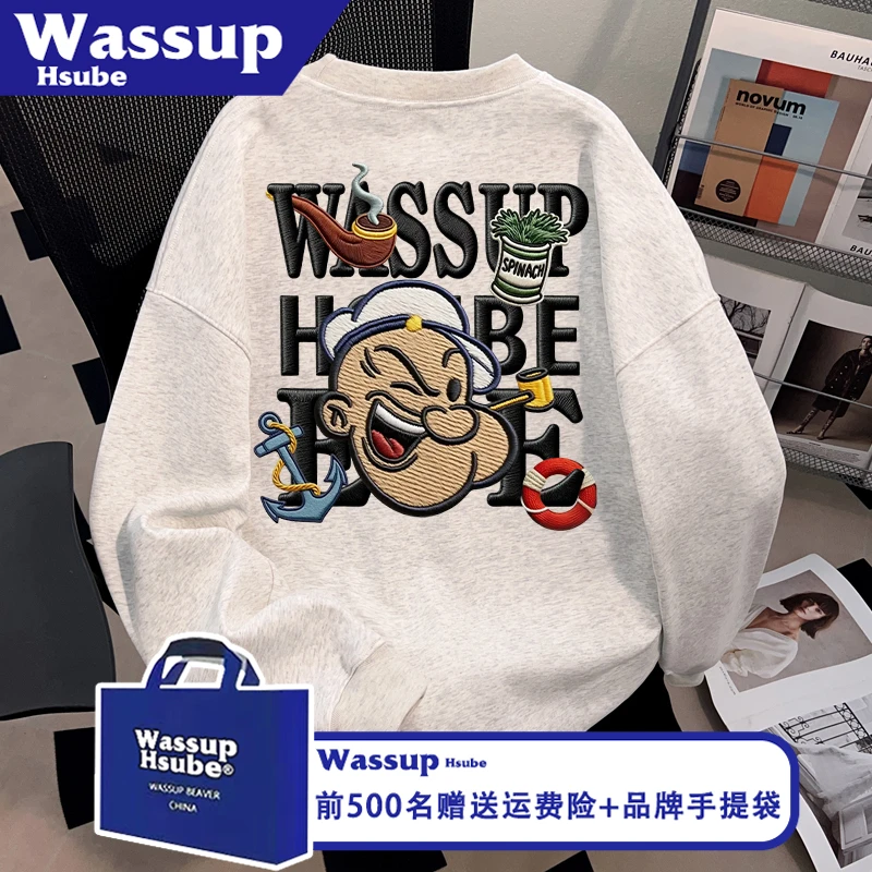 WASSUP HSUBE秋冬男女流行白灰上衣美式潮流卡通印花百搭个性卫衣