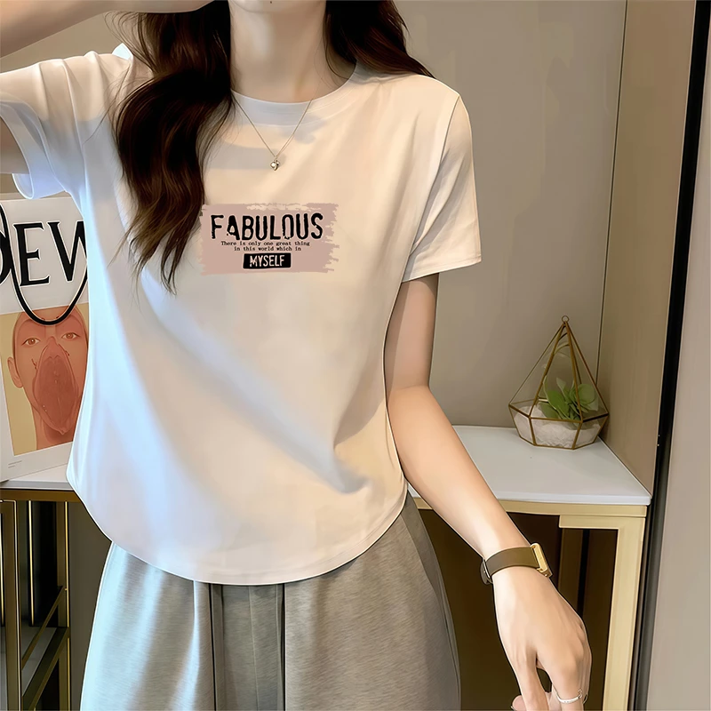 92%棉短袖T恤女夏季正肩修身显瘦大码下摆弧形设计感小众洋气上衣