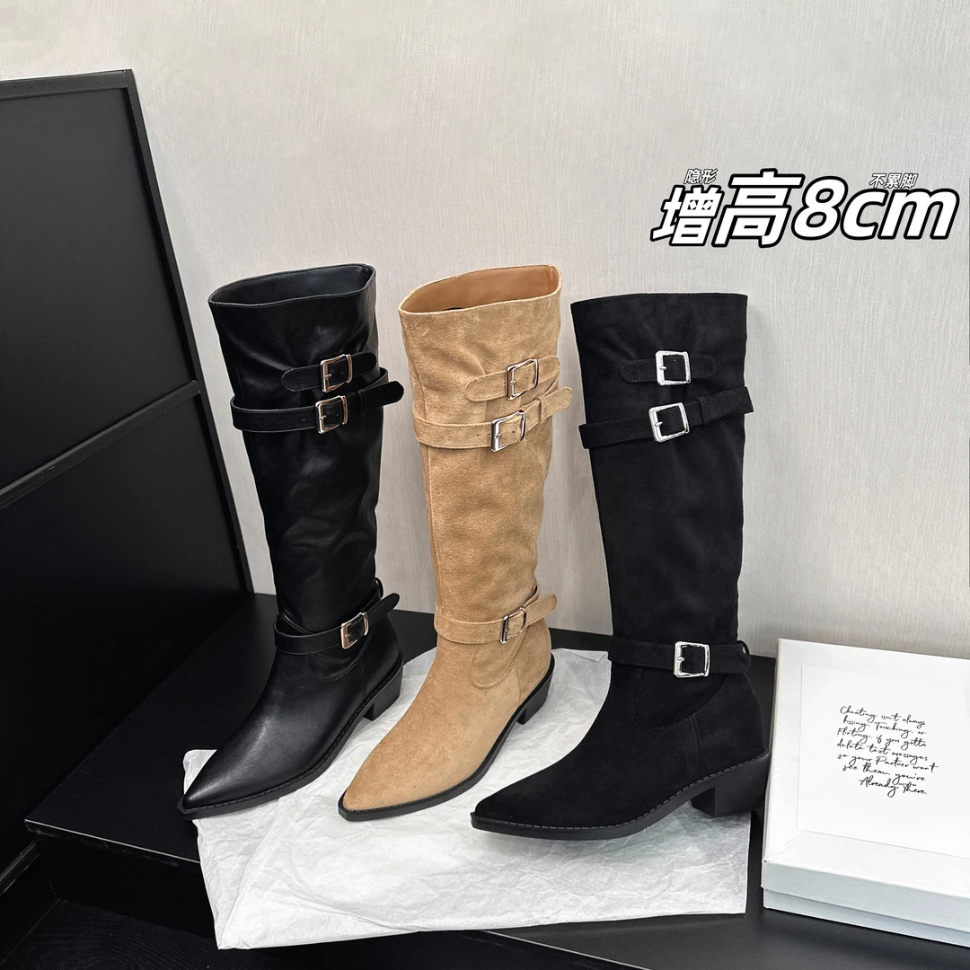 时装靴长靴牛仔骑士女靴时尚长筒粗跟过膝弹力百搭高跟尖头秋冬靴