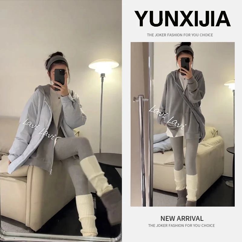 秋季时尚一整套女装2025新款百搭灰色外套保暖棉服铅笔裤三件套潮