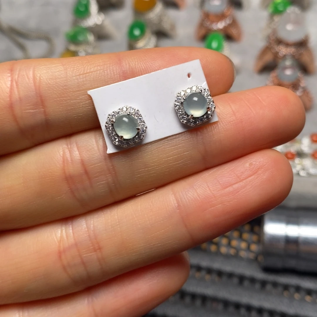 翡翠银S925镶嵌耳饰耳钉