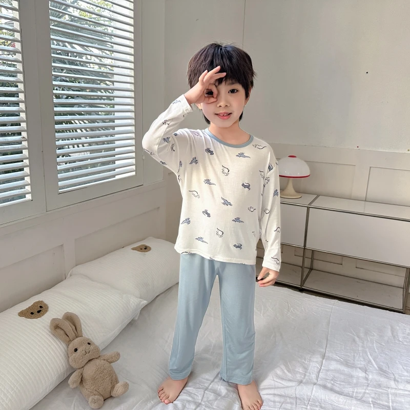 儿童长袖睡衣莫代尔男童卡通印花薄款透气春秋宝宝圆领居家服春秋