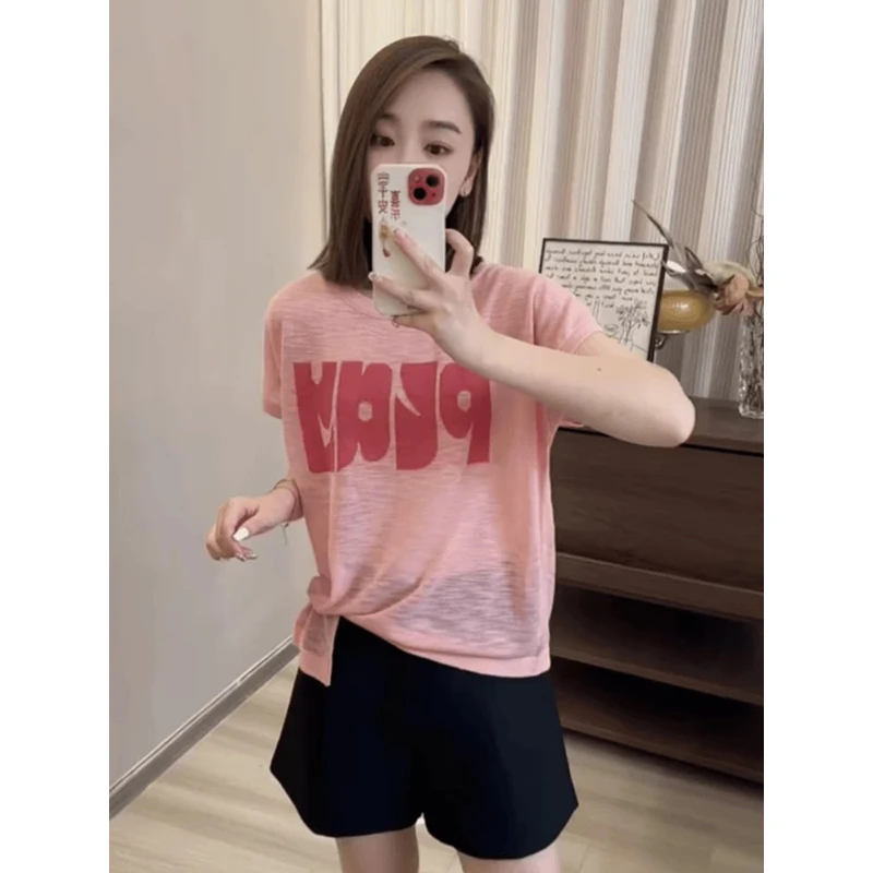 韩版潮流不规则冰丝衫女2025年夏季新款字母宽松休闲透气清爽薄款