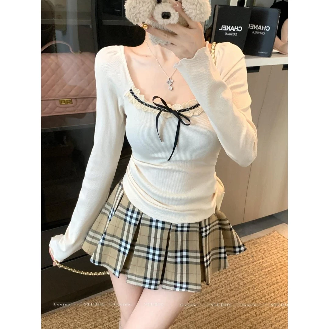 6592纯欲风蕾丝花边拼接长袖T恤女甜辣妹修身内搭打底短款上衣