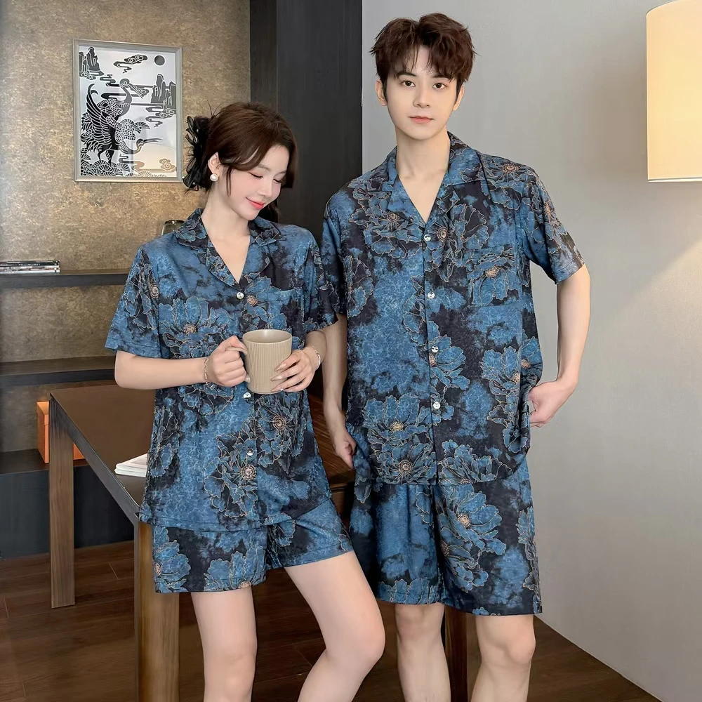 高级感春季薄款冰丝情侣短袖短裤开衫睡衣套装XX家居服
