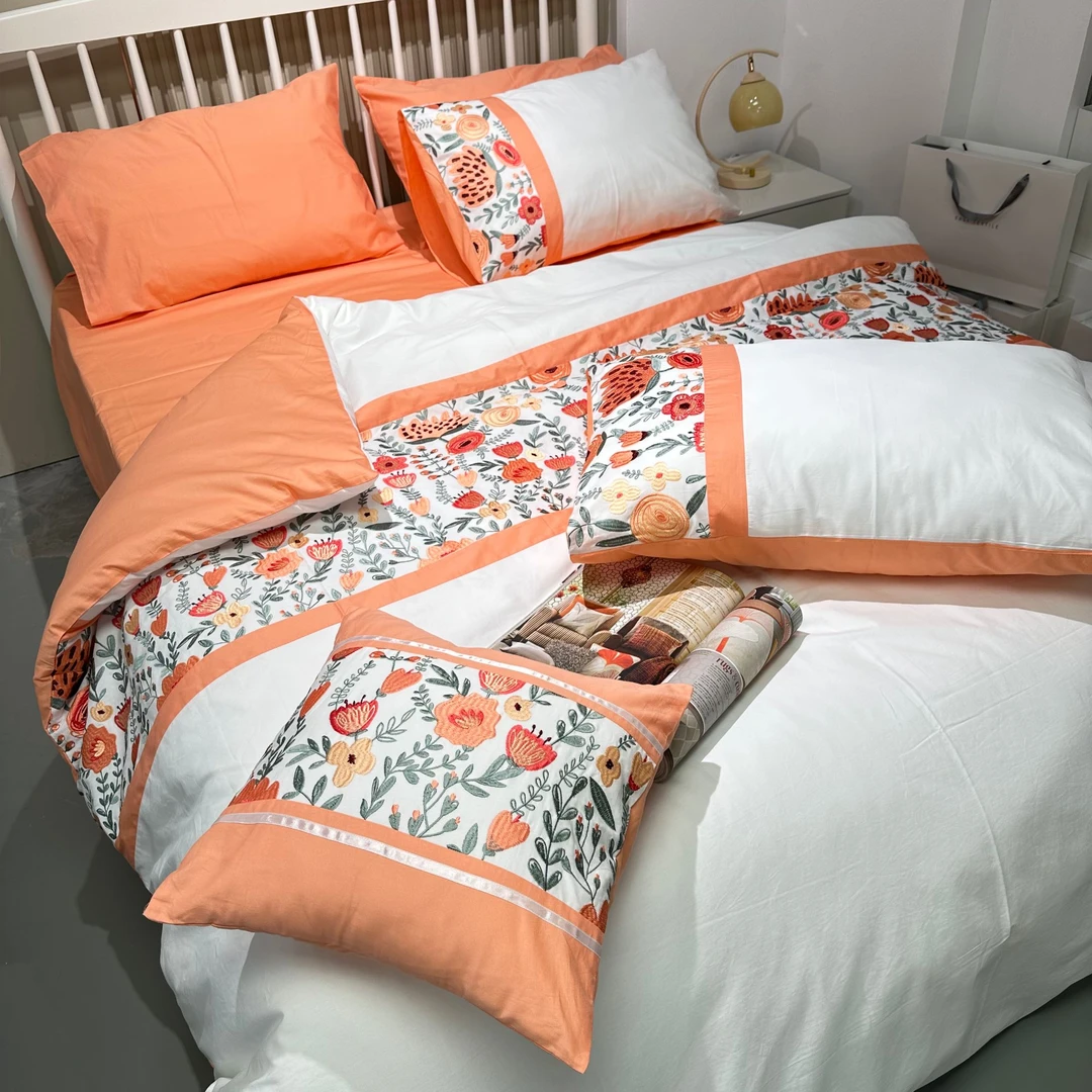 泷宝泰家纺 纯棉 橘桔橙色斜纹白色 春夏 郁金香刺绣花 外贸床品
