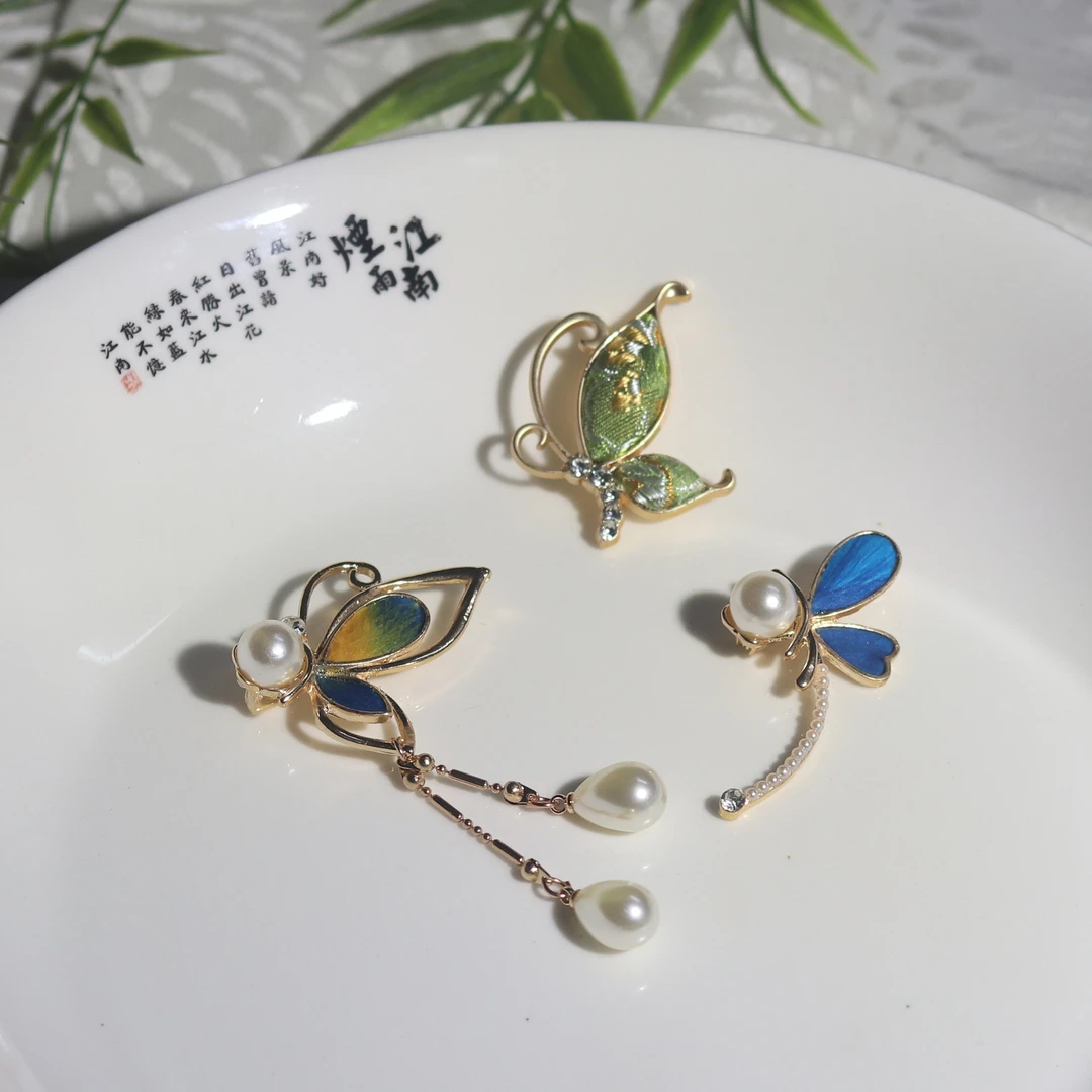 非遗绒花点翠工艺饰品蝴蝶蜻蜓款胸针宋锦胸针饰品配件