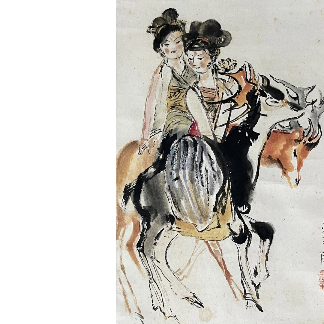 LOT8 程潼 少女与鹿63*45纸本设色镜片170