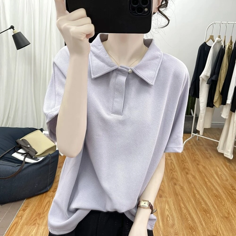 夏装女士港风Polo领宽松短袖T恤韩系减龄时尚百搭休闲棉质上衣潮