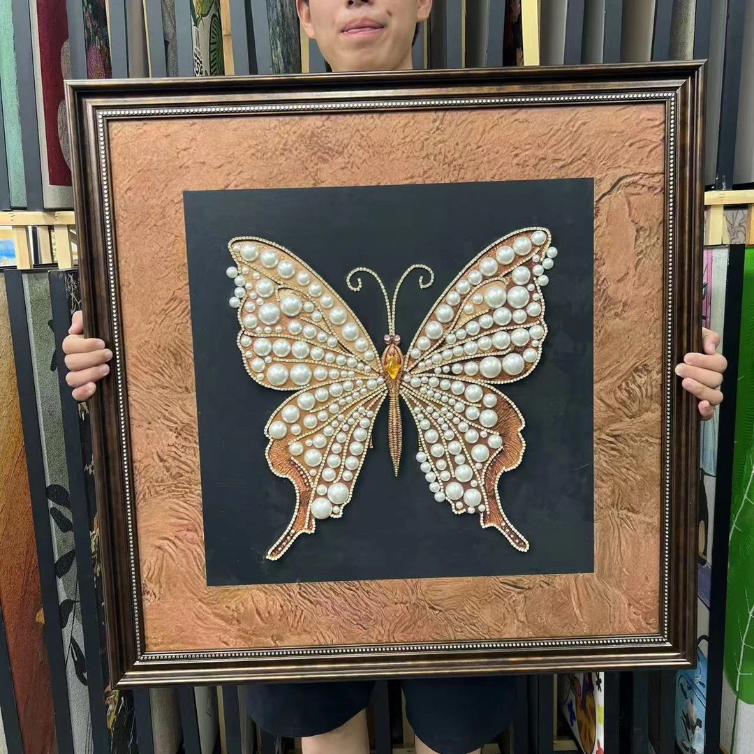 客厅轻奢背景墙珍珠蝴蝶美式卧室装饰画餐厅墙面8080