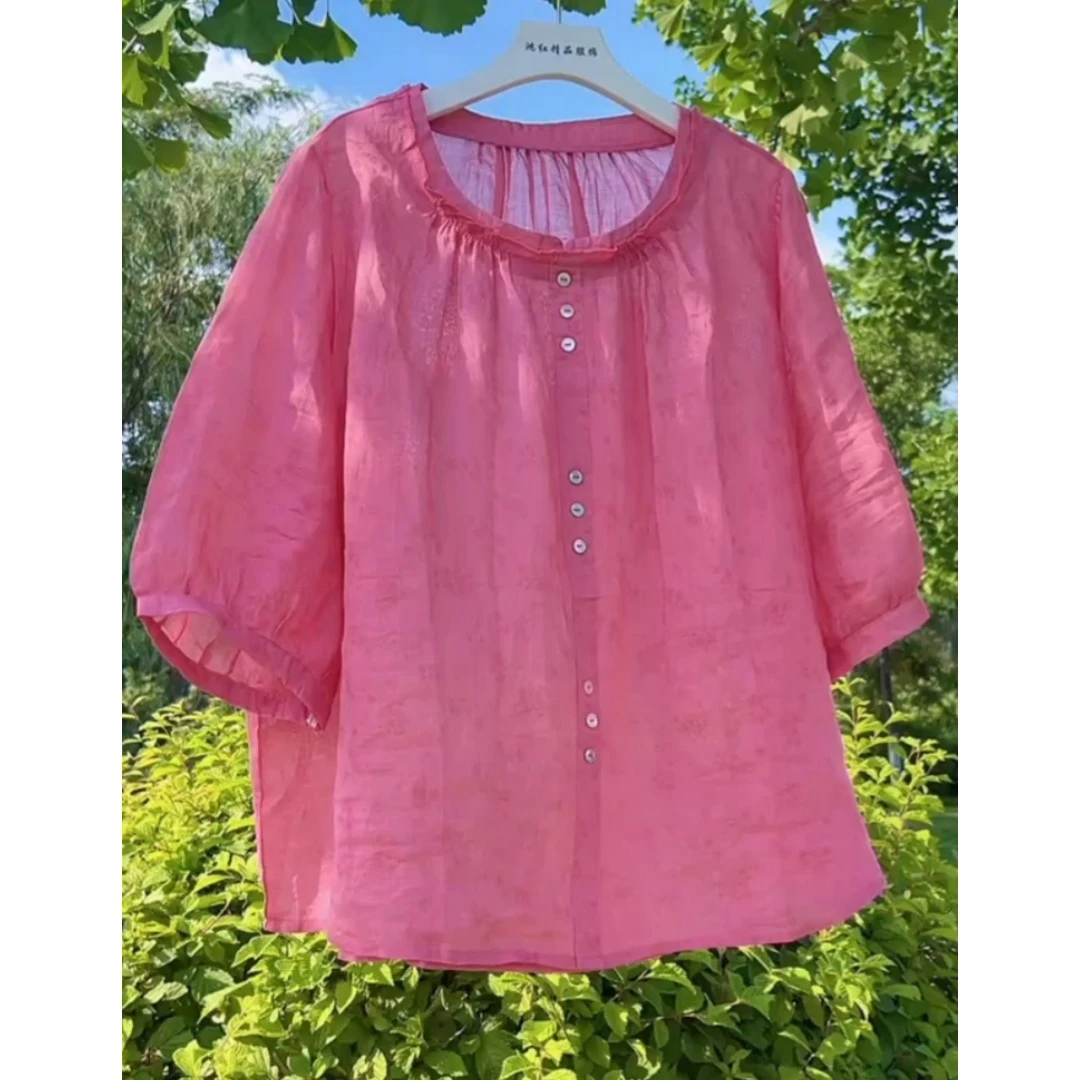 景倩妮粉色文艺减龄薄款上衣2025年夏季新款遮肉显瘦宽松休闲上衣