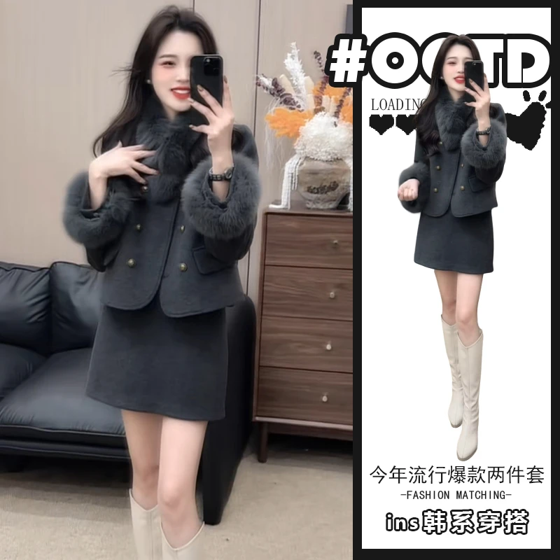 小心机独特两件套装女2025冬季新款小个子短款气质外套高腰半身裙