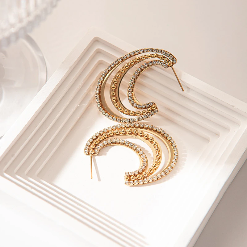 钛钢锆石耳饰 原创设计三层C型锆石高级感耳环饰品镀金时尚耳钉
