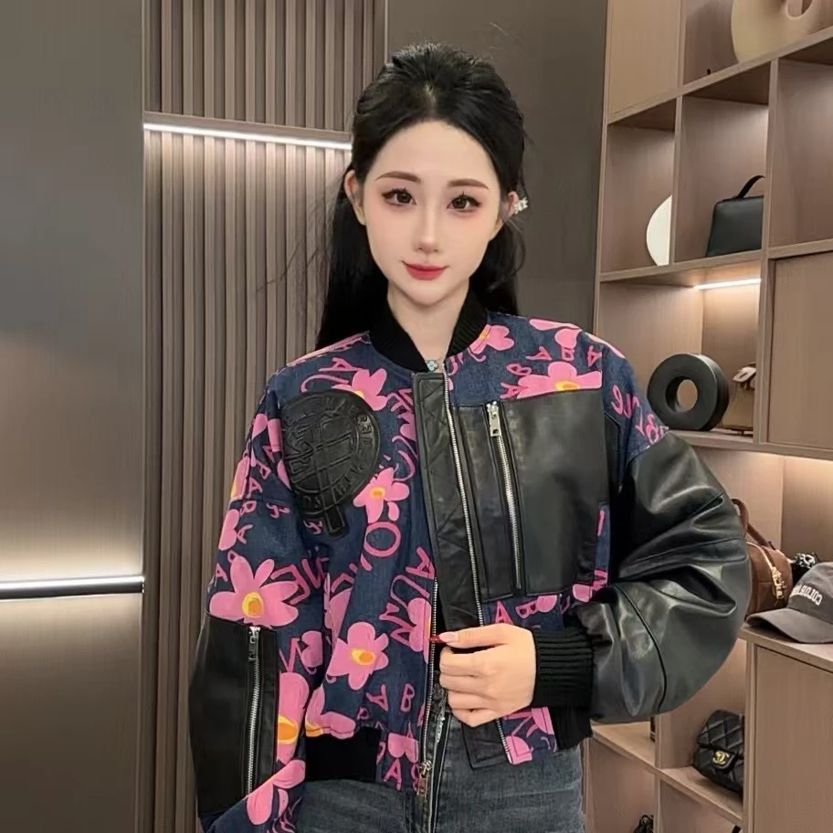 【七月推荐】牛仔印花法式皮衣减龄时尚休闲-QIYUE-621