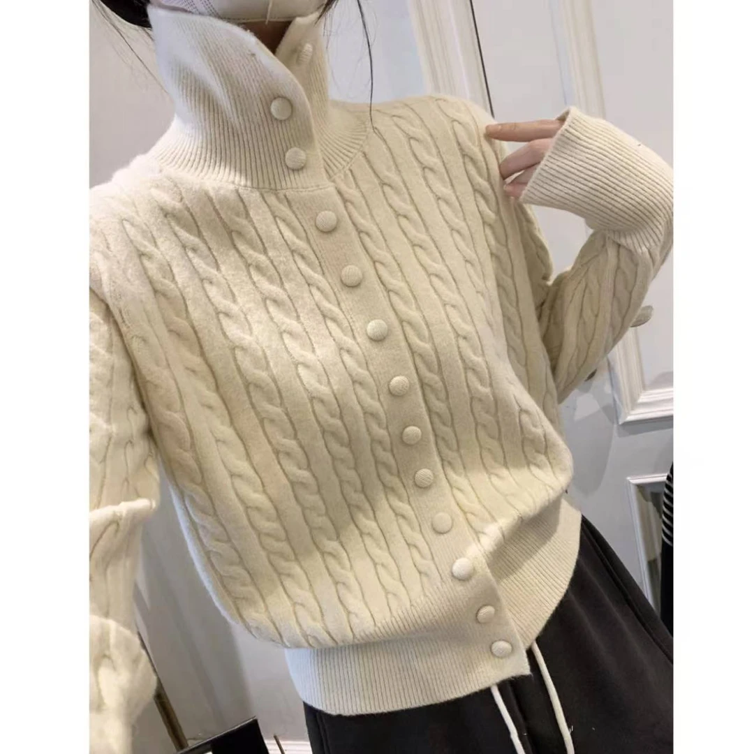 【高领竖条麻花】纯色麻花高领包扣洋气百搭针织开衫软糯毛衣1181