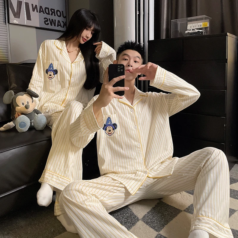 日系ins条纹情侣睡衣女款春秋季长袖纯棉男士卡通米奇家居服套装