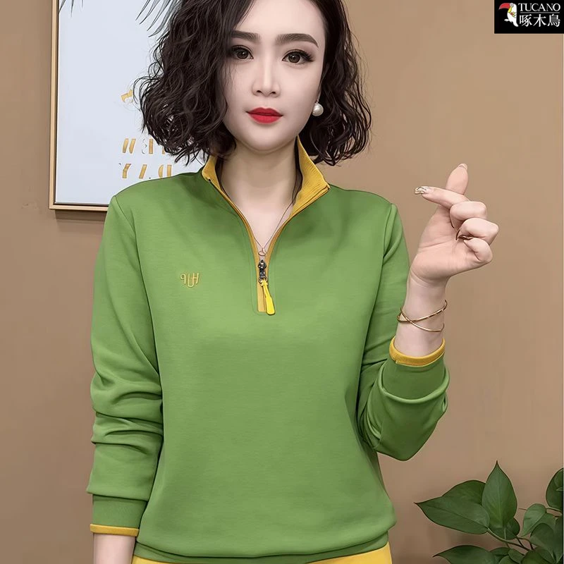 啄木鸟正品2025年秋冬立领纯色简约女卫衣休闲半拉链翻领打底上衣
