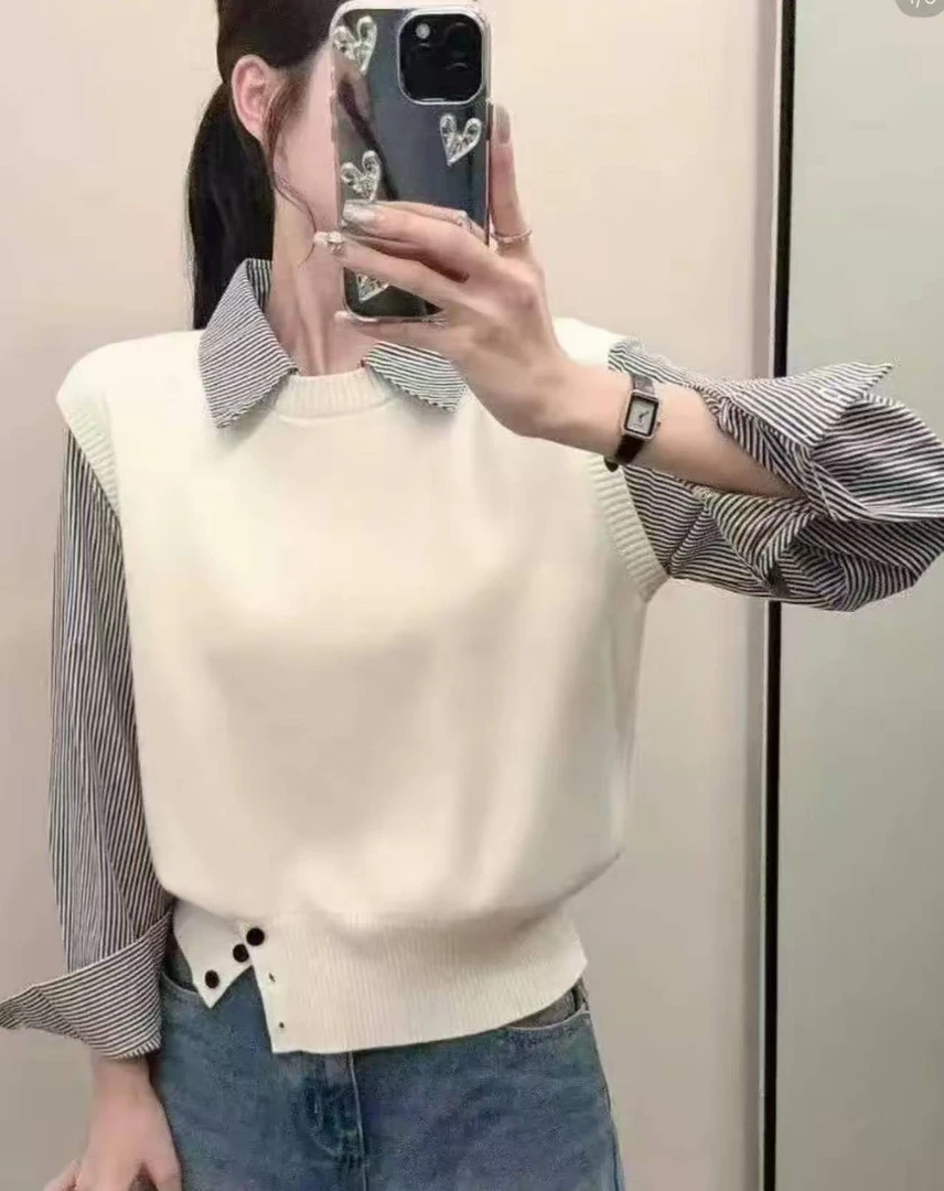 秋冬季针织拼接假两件毛衣女秋冬季小个子慵懒高级感针织衫上衣