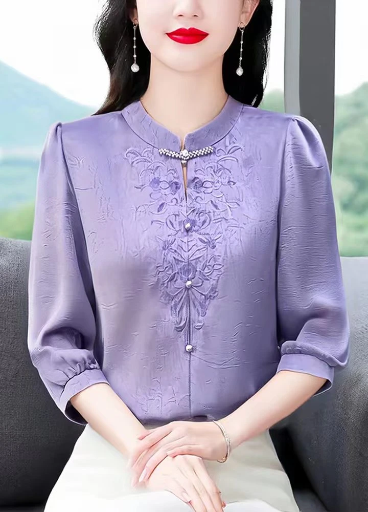 2025刺绣衬衫春夏盘扣新款七分袖时尚洋气百搭显瘦上衣女宽松
