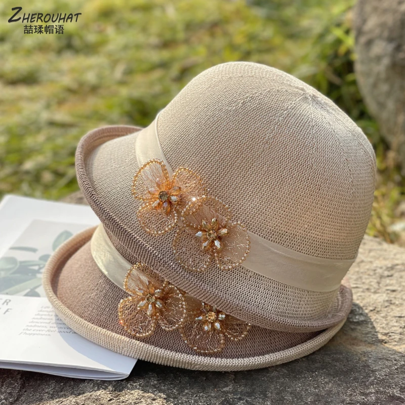 新款镶钻花朵渔夫帽女夏天透气薄款遮阳旅游帽子妈妈高级卷边礼帽