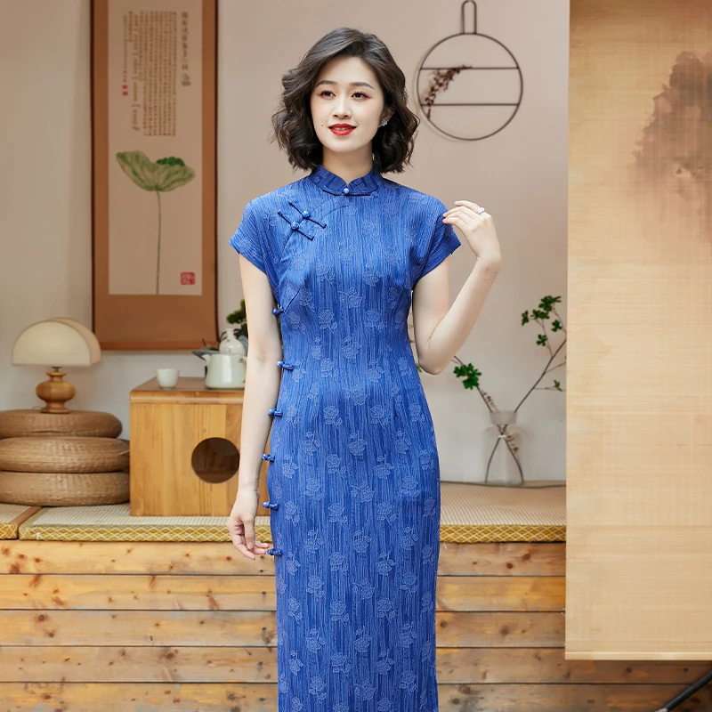 【唐唐】宝蓝色盘扣全开襟旗袍女夏季新款中国风优雅妈妈日常改良