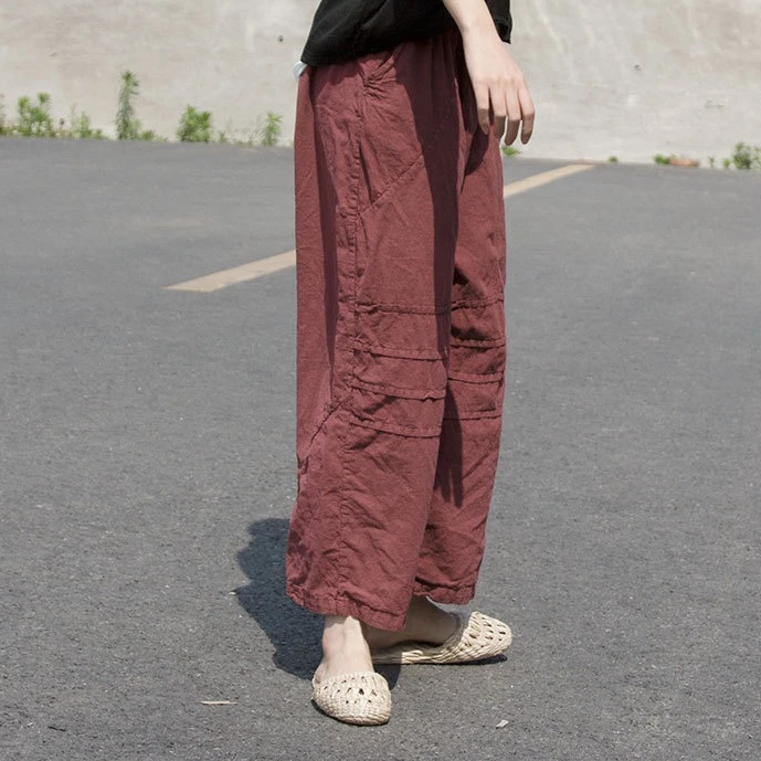 山千念壹 复古设计夏季亚麻棉枣红做旧横折九分阔腿裤