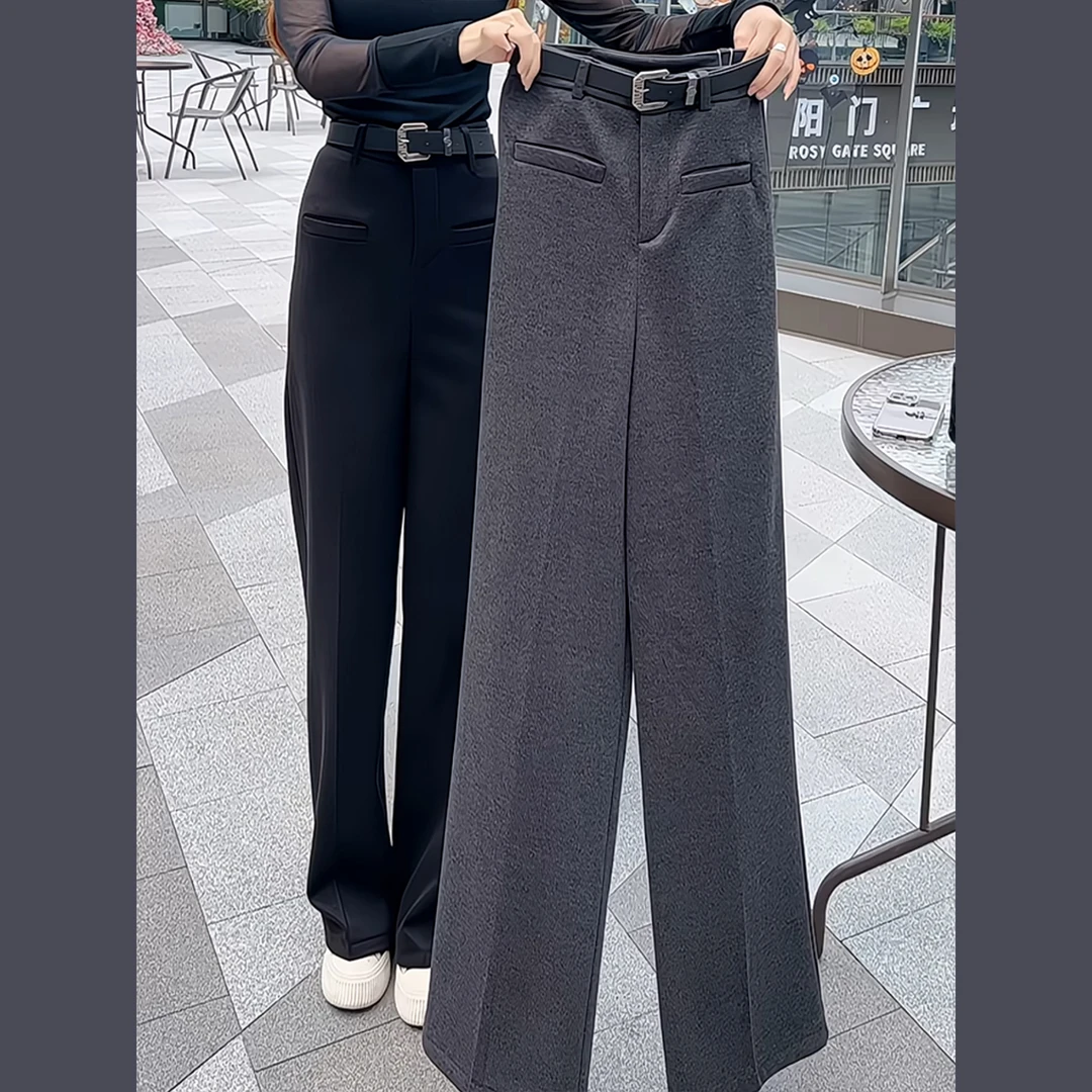 气质毛呢加绒加厚长裤女2025新款秋冬显瘦休闲日常外穿窄版直筒裤