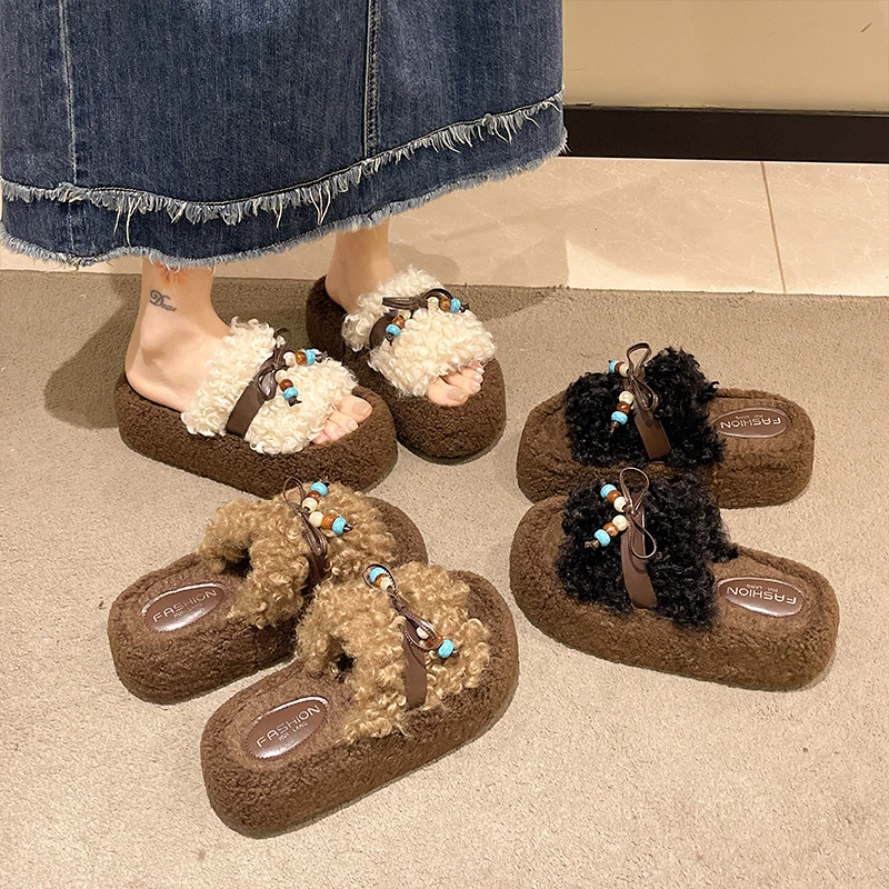 百搭厚底毛毛鞋女2025新款秋季外穿增高小个子拖鞋小香风气质棉拖