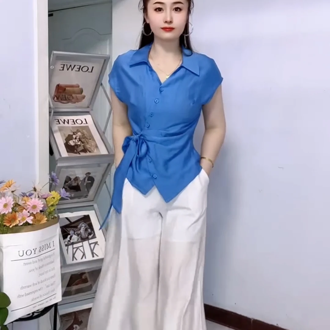时尚法式夏季衬衫阔腿裤套装洋气绑带不规则收腰设计